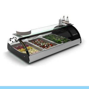 Expositor de Balcão Sayl Refrigerado <span style="color: #67bee3;">Maxiself Line VMX3E</span> (c/ estante) (<u>3 Tabuleiros GN 1/1 x 65mm</u>) (Dim.: 1210Lx650Px320A)